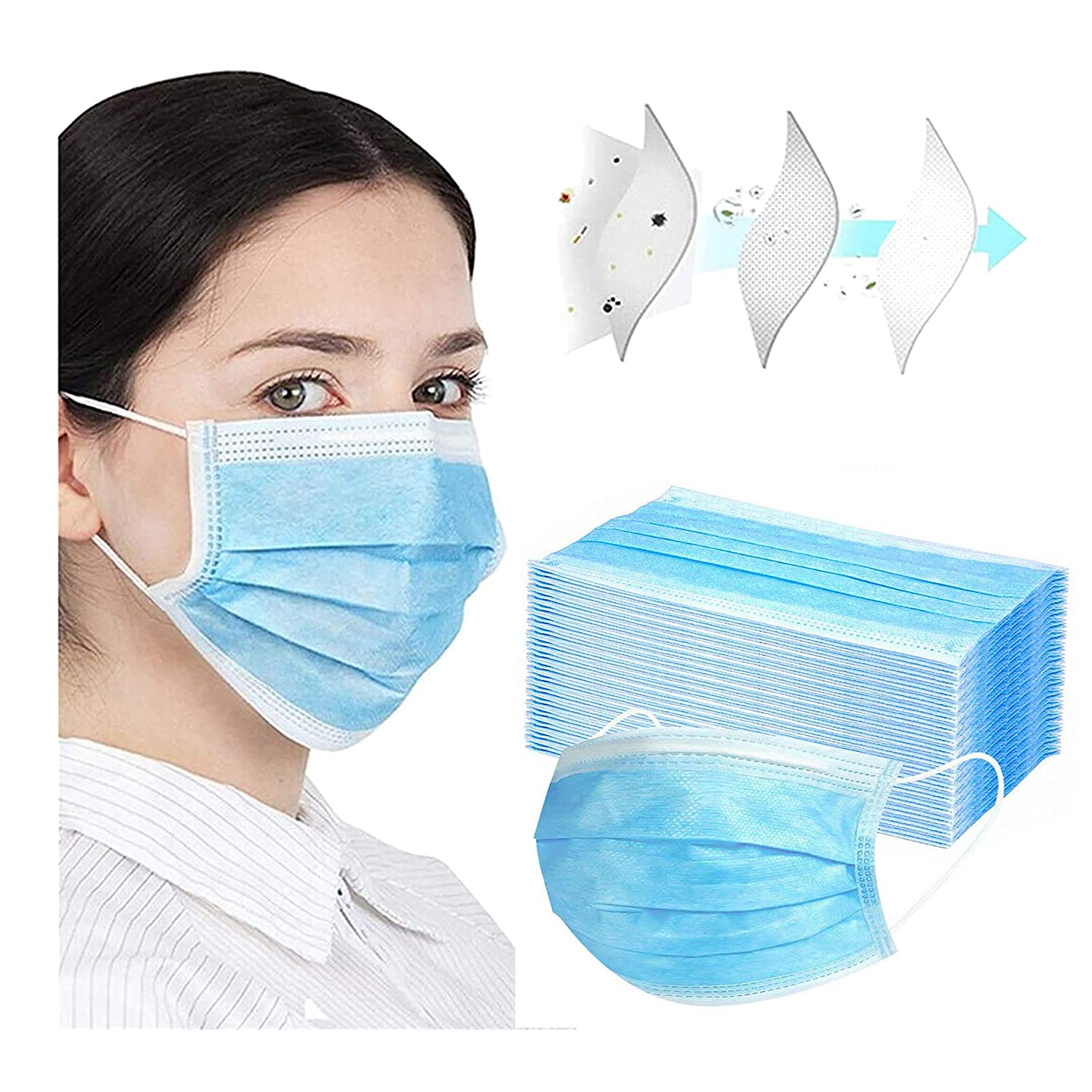 3Ply Disposable Protective Mask, 50 Masks in Box, Blue.-face mask-AZURA- Nail Supply American Gel Polish - Phuong Ni