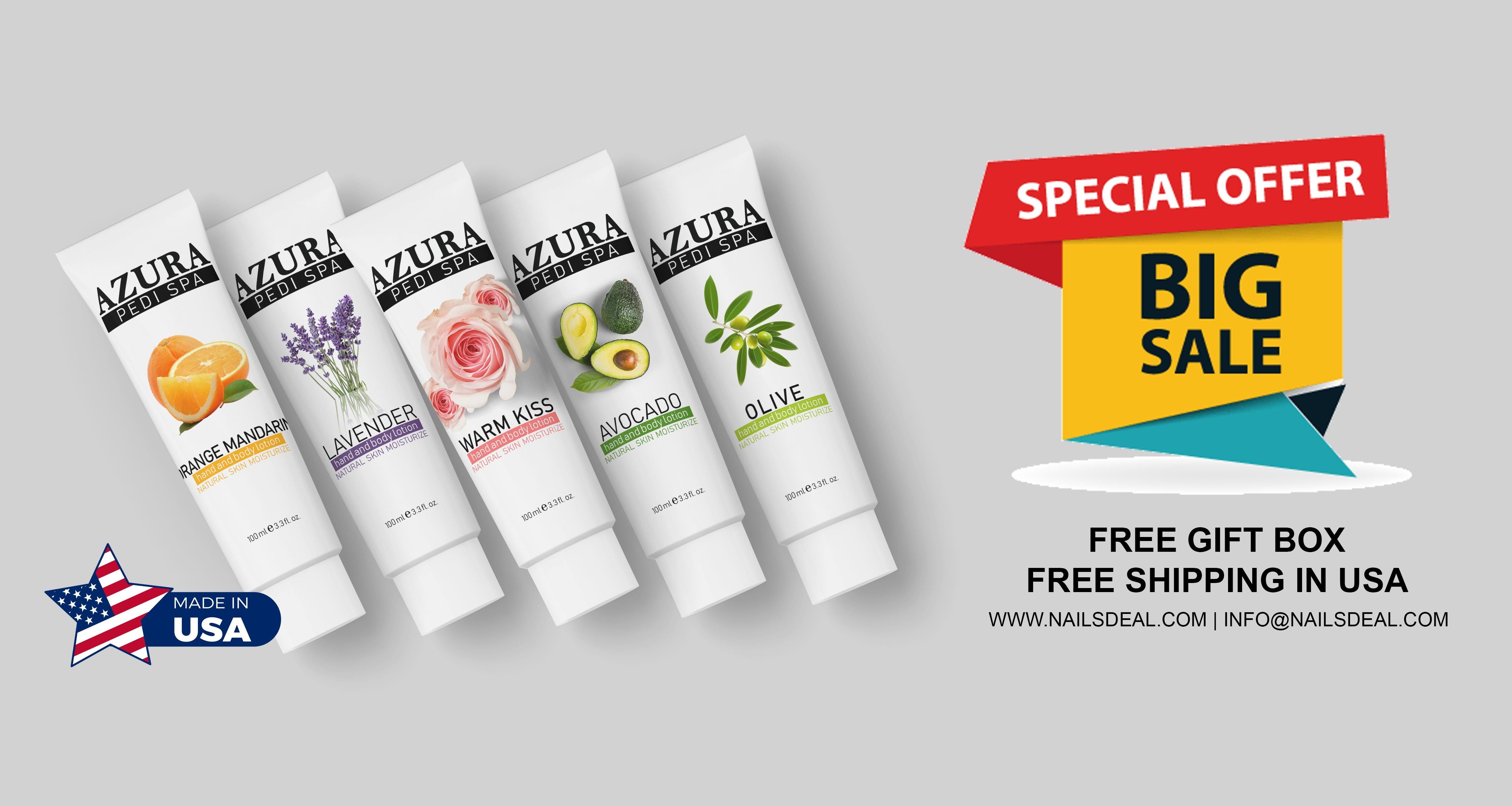 AZURA PediSpa Lotion - Mix 5 Flavors (Olive, Lavender, Orange Mandarin, Warm Kiss, Avocado) - (3.3oz/100ml) - (1box/60pcs)-lotion-AZURA- Nail Supply American Gel Polish - Phuong Ni AZURA PediSpa Lotion - Mix 5 Flavors (Olive, Lavender, Orange Mandarin, Warm Kiss, Avocado) - (3.3oz/100ml) - (1box/60pcs)-lotion-AZURA- Nail Supply American Gel Polish - Phuong Ni