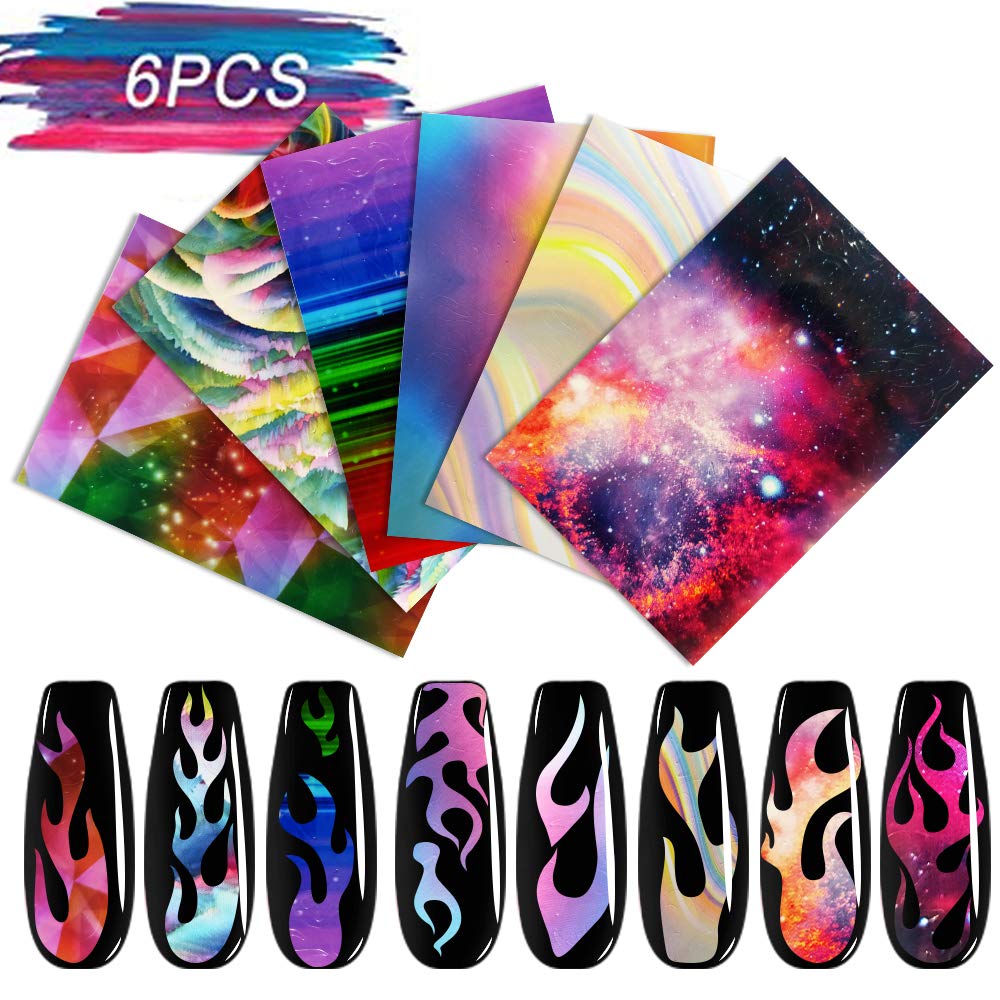 Flame Reflections Nail Stickers - 16PCS Halloween Holographic Fire Flame  Nail Art Decals 3D Vinyls Nail Stencil