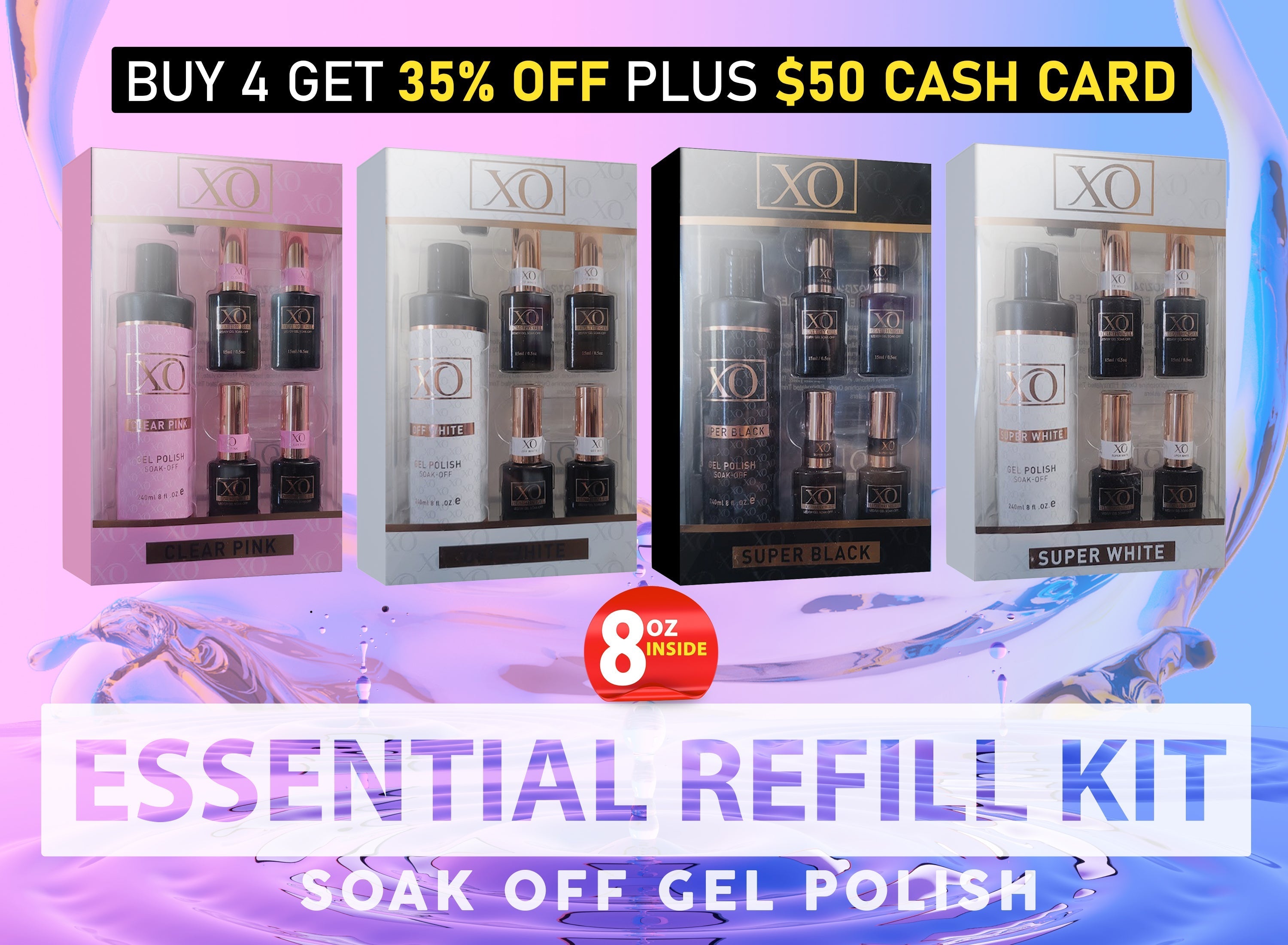 XO Essential Refill Kit (Clear Pink, Off White, Black, White) & $50 Cash Card-GEL POLISH SOAK-OFF-XO-Combo 4 Kit ($50 Cash Card Included)- Nail Supply American Gel Polish - Phuong Ni
