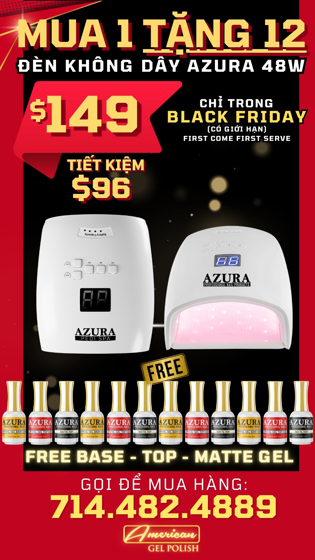 [BLACK FRIDAY 2024] Đèn không dây AZURA - Mua 1 Tặng 12 Base-Top-Matte Gel-Nails Deal & Beauty Supply- Nail Supply American Gel Polish - Phuong Ni