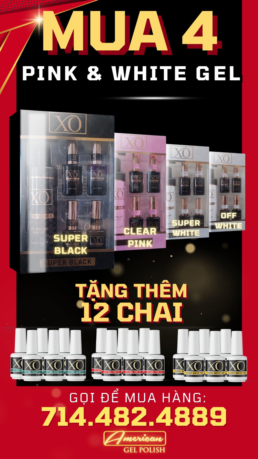 [BLACK FRIDAY 2024] XO Kit Pink & White - Mua 4 tặng 12 Base-Top-Matte Gel-Nails Deal & Beauty Supply- Nail Supply American Gel Polish - Phuong Ni