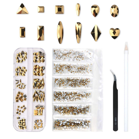 Multi Shapes Glass Crystal AB Rhinestones Mix 12 Style (120 pcs Crystals + 1728 pcs rhinestones)-JAYDEN-Gold,120 pcs Crystals+1728 pcs rhinestones- Nail Supply American Gel Polish - Phuong Ni