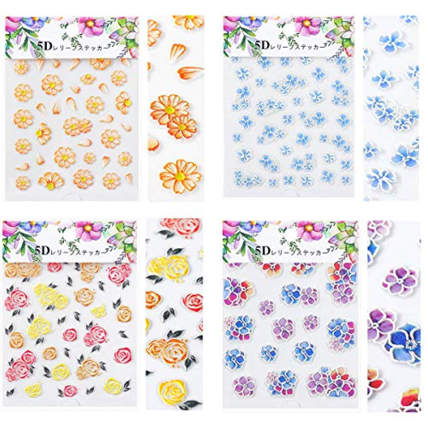 5D Embossed Flowers Nail Stickers (4 Sheets)-Nail Sticker-JAYDEN- Nail Supply American Gel Polish - Phuong Ni