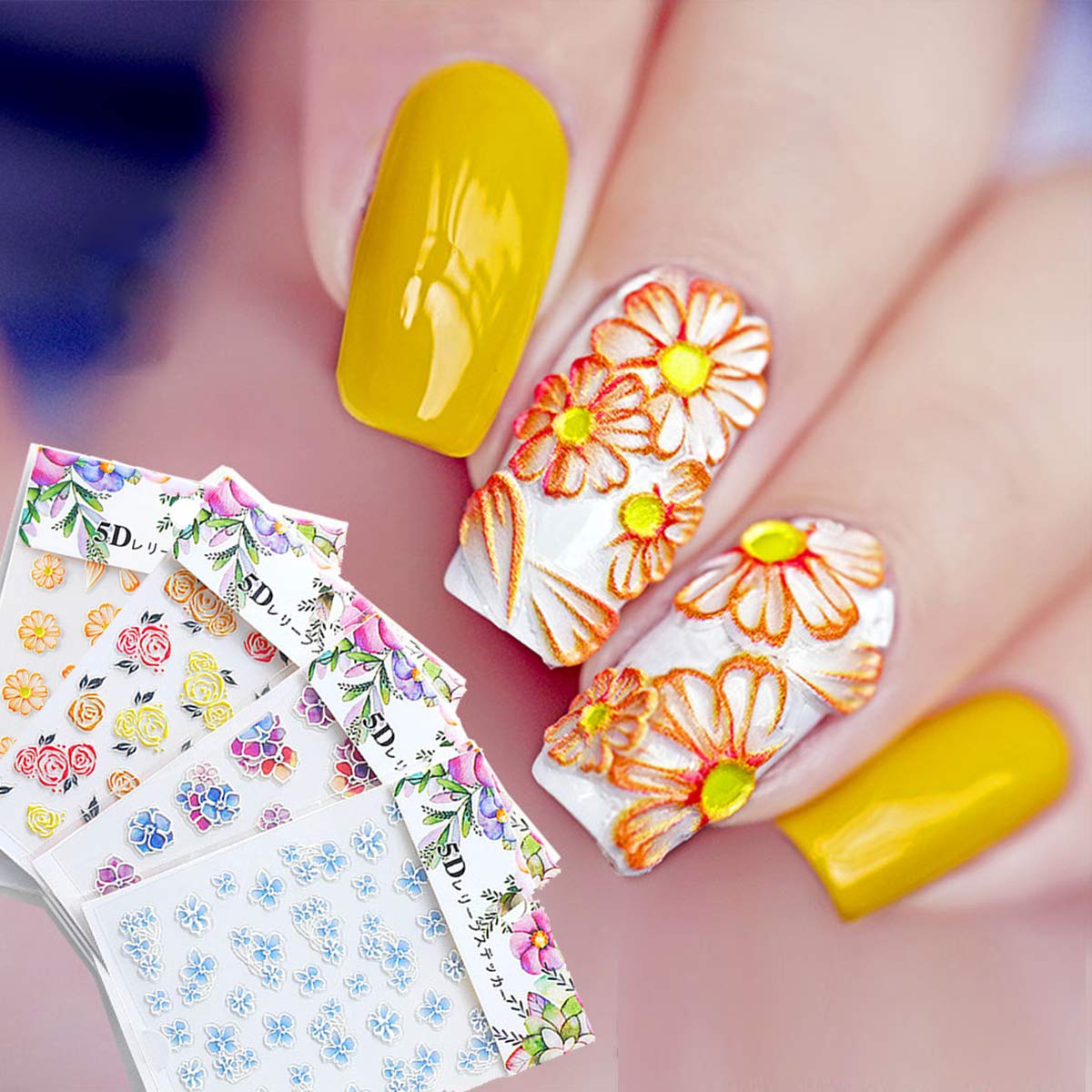 5D Embossed Flowers Nail Stickers (4 Sheets)-Nail Sticker-JAYDEN-Yellow, Stereoscopic Flowers, 4 Sheets- Nail Supply American Gel Polish - Phuong Ni