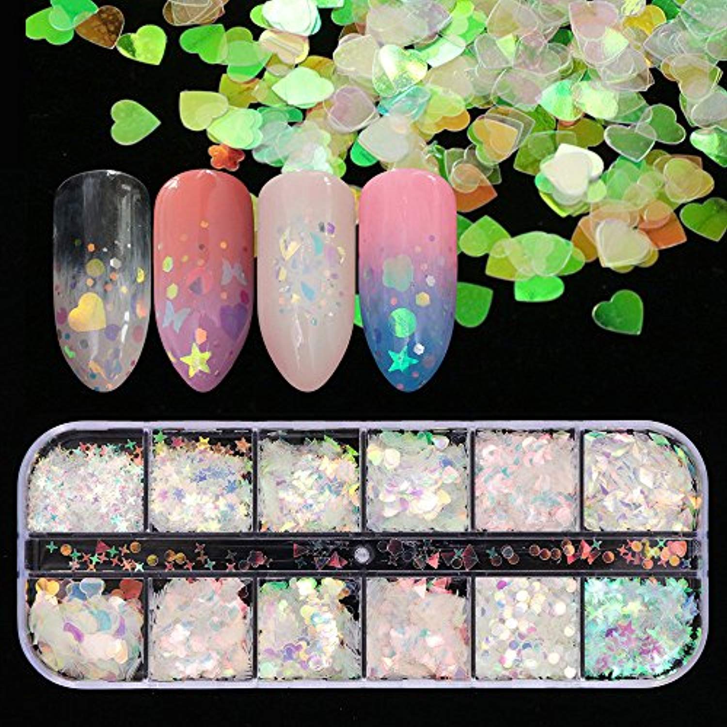 Holographic Nail Art Foil Flakes, 12Grids Colorful Algeria