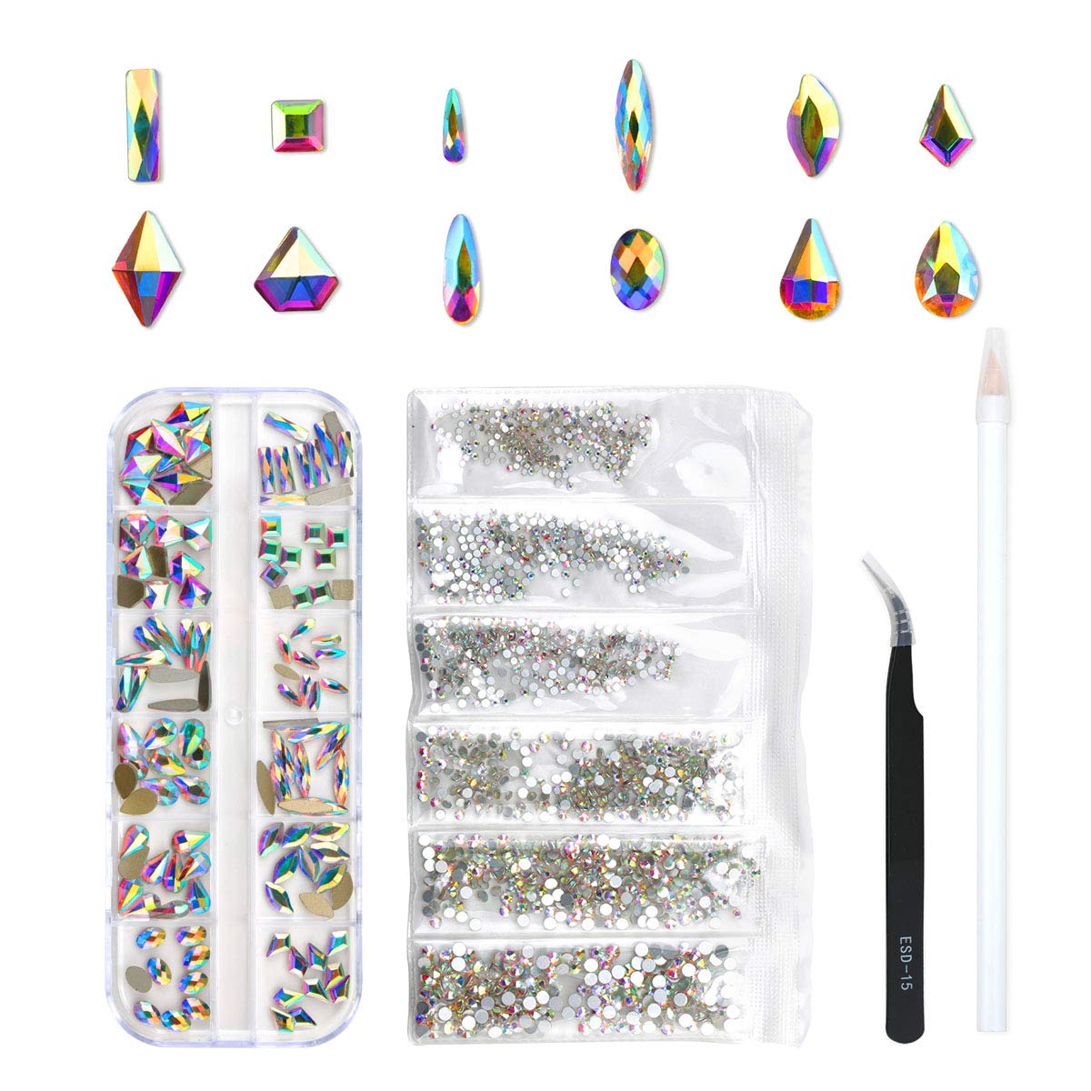 Multi Shapes Glass Crystal AB Rhinestones Mix 12 Style (120 pcs Crystals + 1728 pcs rhinestones)-JAYDEN- Nail Supply American Gel Polish - Phuong Ni