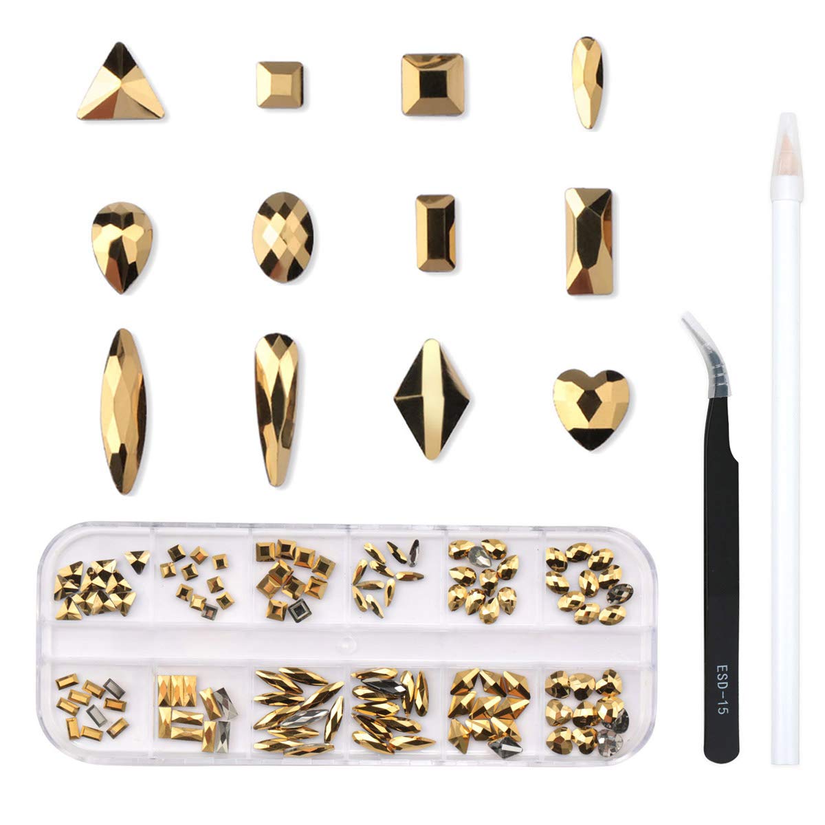Multi Shapes Glass Crystal AB Rhinestones Mix 12 Style (120 pcs Crystals + 1728 pcs rhinestones)-JAYDEN-Gold,120 pcs Crystals- Nail Supply American Gel Polish - Phuong Ni